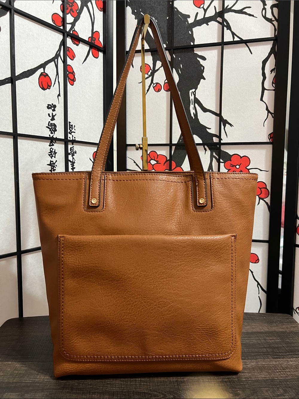 LC Lauren Conrad Cognac Leather Tote with Front Pocket & detachable strap and